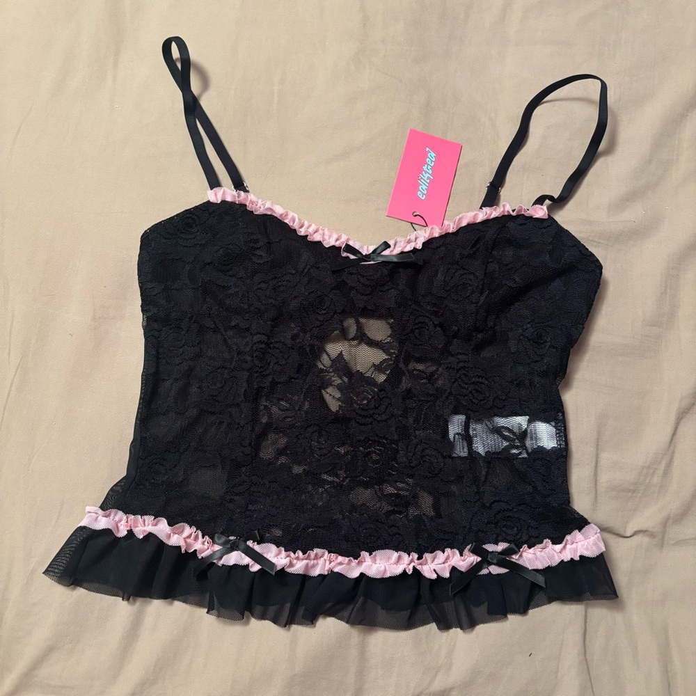 Edikted Black and Pink Lace Tank Top